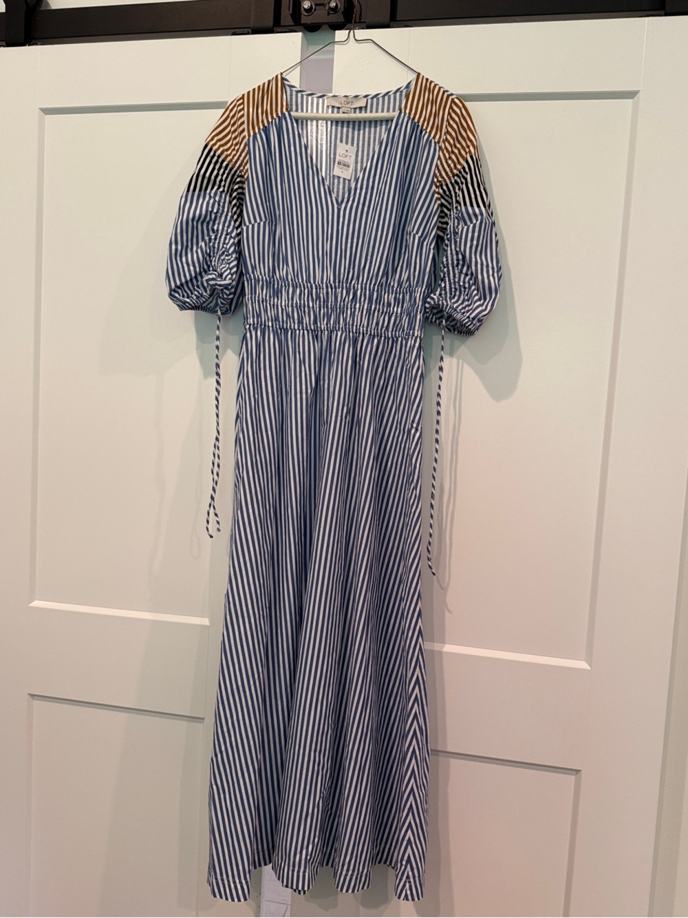 LOFT Blue and White Vertical Stripe Midi Dress with Tan Shoulder Accents